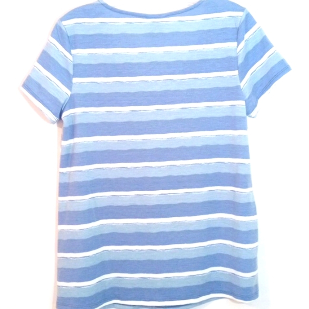 TRU SELF BLUE WHITE STRIPE V-NECK TWO BUTTON RELAXED FIT TOP SIZE SMALL NWT - Picture 4 of 5